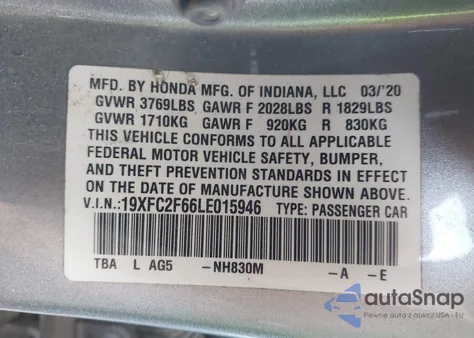 2020 Honda Civic Lx из США, поврежденный, VIN 19XFC2F66LE015946